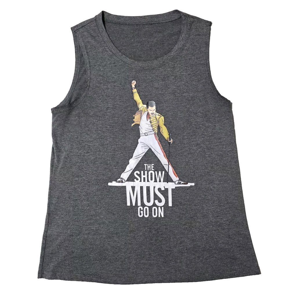 Freddie Mercury Queen Tank Top "The Show Must Go On" Grey M Rock Band Graphic